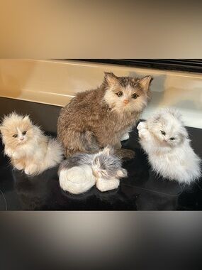 Cat Kitty Decor Handmade Real Fur White Calico Figurine Lot 4 pcs Life-Like VTG